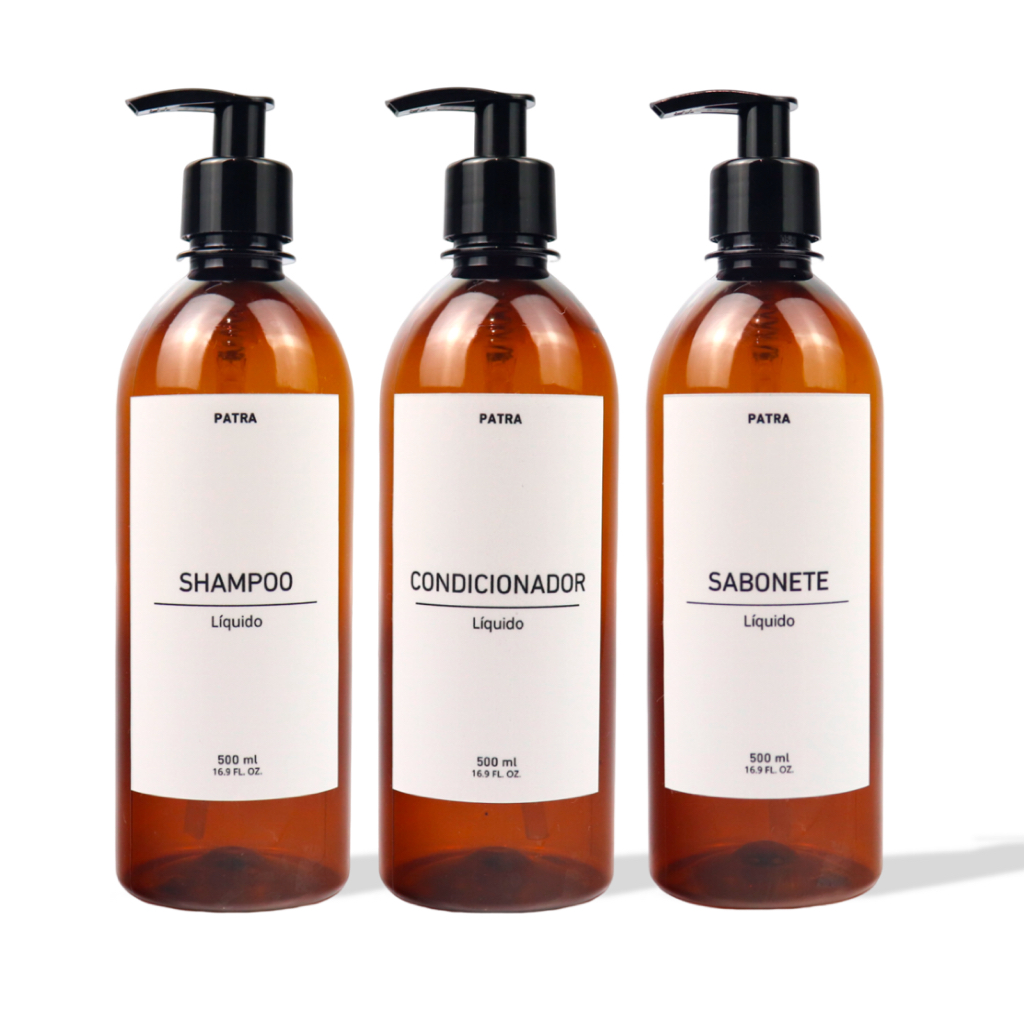 kit Banho Frasco Âmbar  3pçs Shampoo Condicionador e Sabonete líquido Dispenser 500ml