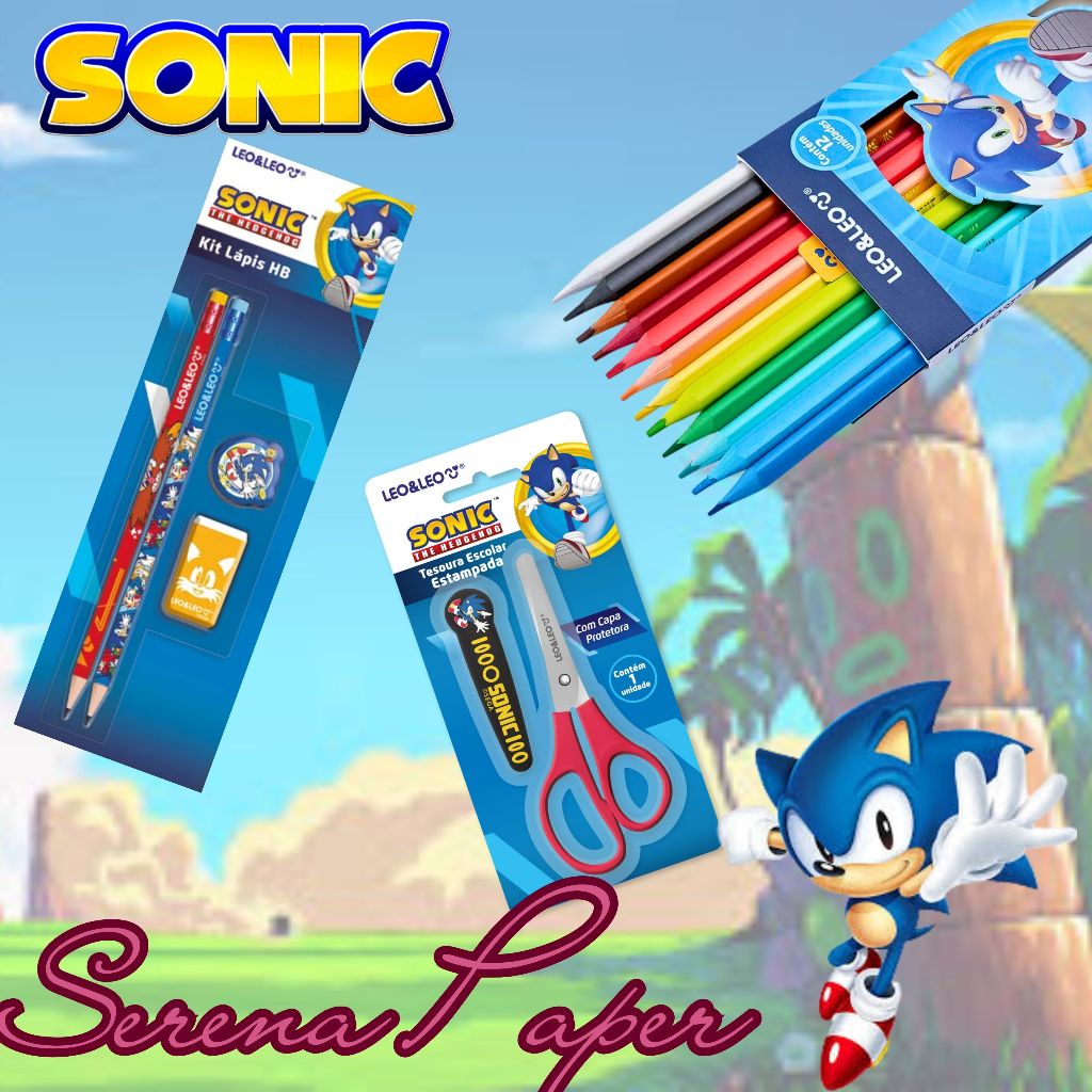 KIT TESOURA + KIT 2 LAPIS GRAFITE + LAPIS DE COR / APONTADOR / BORRACHA SONIC / SEGA / KAWAII