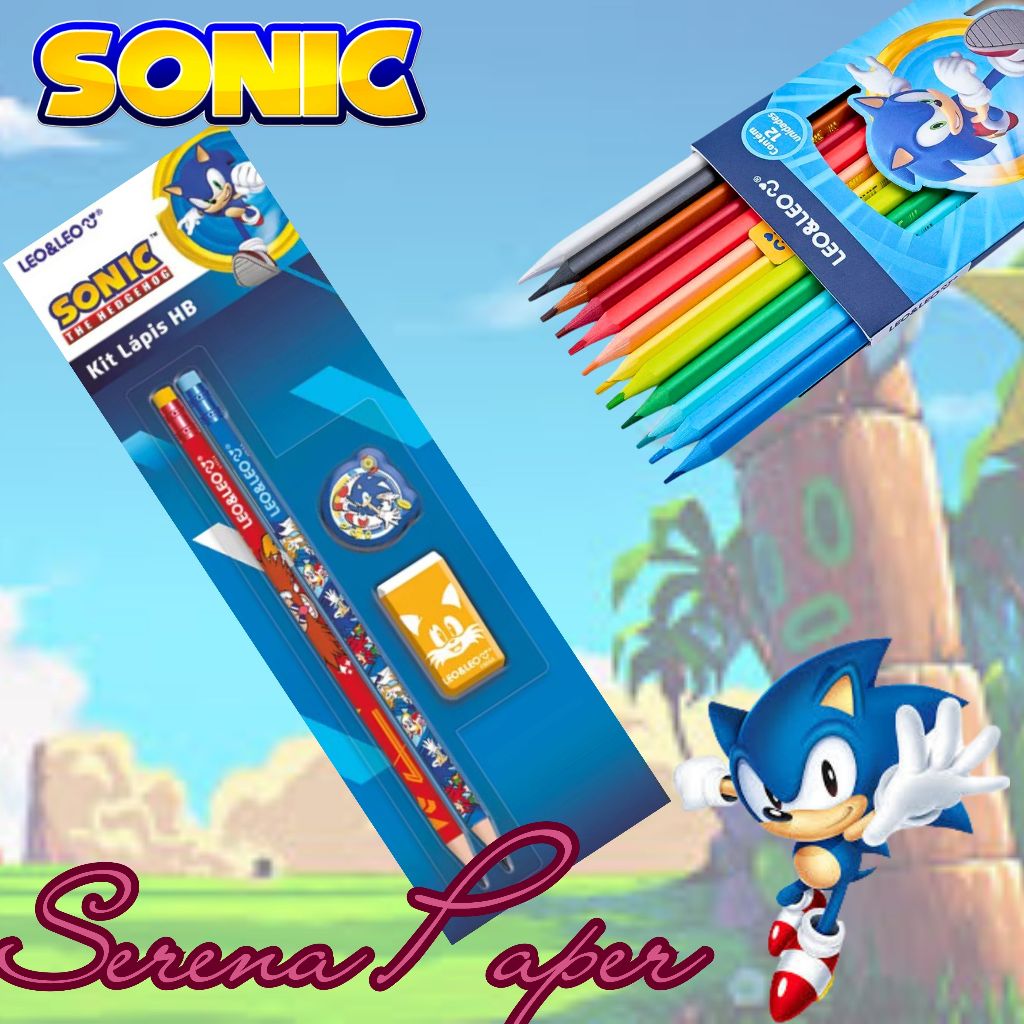 KIT 2 LAPIS GRAFITE + LAPIS DE COR / APONTADOR / BORRACHA SONIC / SEGA / PAPELARIA FOFA KAWAII