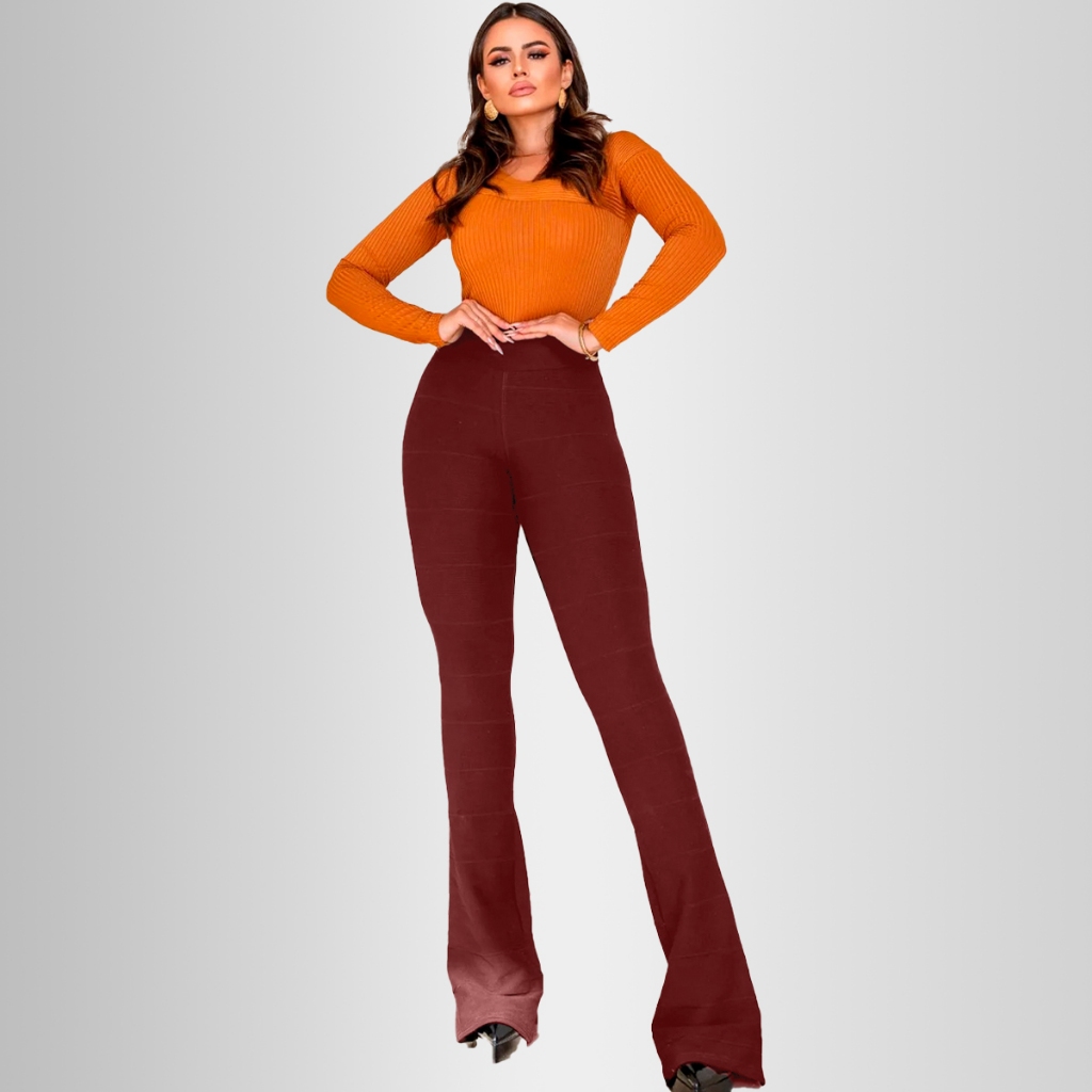 Calça Flare Bandagem Bailarina Boca De Sino Tecido Grosso Moda