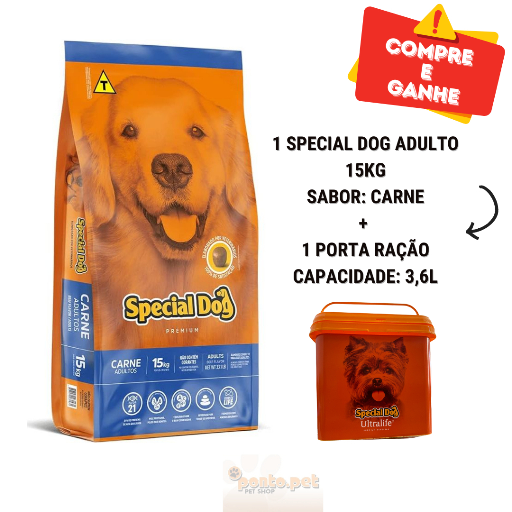 Ração Special Dog Cães Adultos Sabor Carne 15kg - Premium Original Lacrado + Brinde Porta-Ração 3,6L