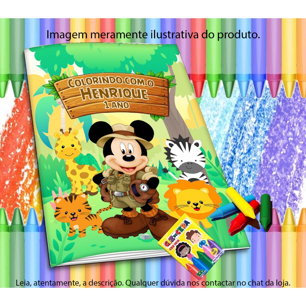 Revistinha para colorir personalizada Safari do Mickey + Giz de Cera  Festa Aniversário Lembrancinha Saquinho Infantil