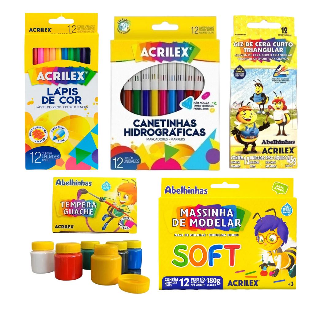 Kit Completo 12 Canetinhas 12 Giz de Cera Curto 12 Massinha 6 Tinta Guache 12 Lápis de Cor - Acrilex em Oferta na Shopee