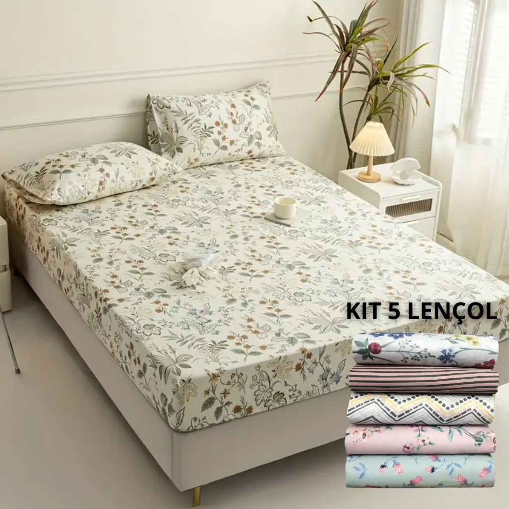 Kit 5 Lençol Avulso Estampado Com Elástico 150 Fios Estampas Sortidas Lençol de Casal