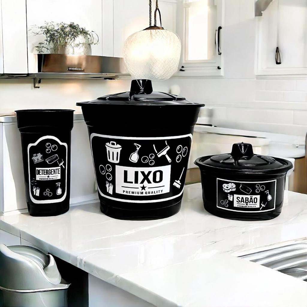 CONJUNTO KIT PIA 3 PEÇAS LIXEIRA PORTA SABÃO E DETERGENTE em Oferta na Shopee