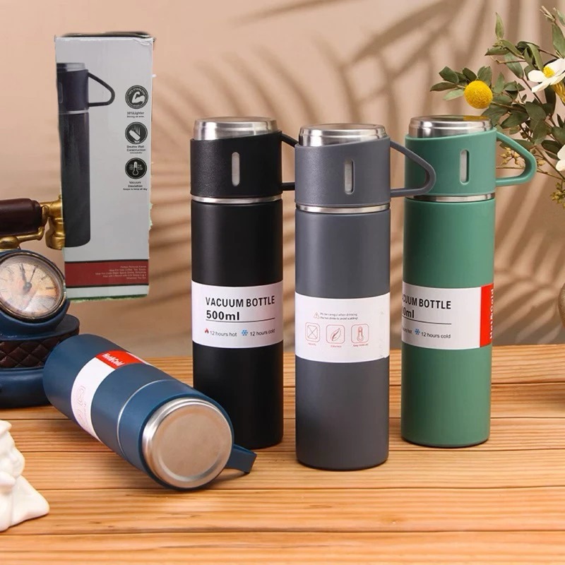 Caneca Kit Garrafa Térmica Vacuum Bottle Inox 500ml + 3 Xícaras Bebidas Fria ou Quente