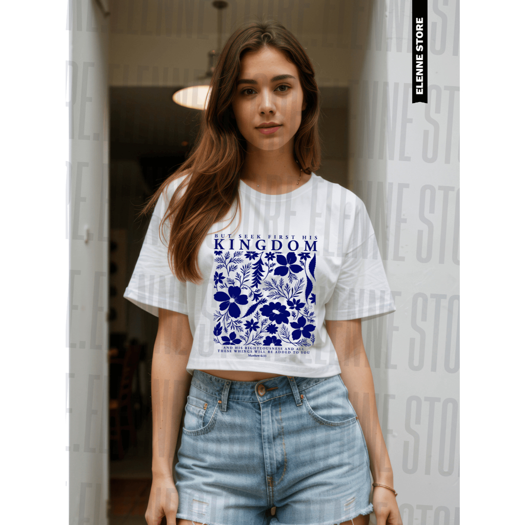 Cropped Flores 100% Algodão Blusa Feminina Estampa Religiosa Mateus 6:33 but seek first his kingdon