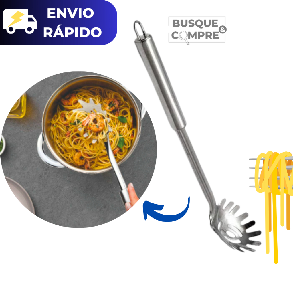 Pegador de Massa para Macarrão Grande com Alça Utensilio de Cozinha de 32cm em Aço Inox