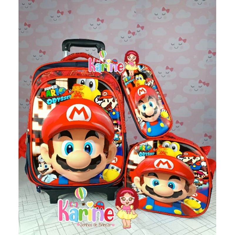 KIT MOCHILA ESCOLAR INFANTIL SUPER MARIO 3D RODINHAS/COSTAS/MOCHILA LANCHEIRA TÉRMICA ESTOJO/MOCHILA MENINO/SUPER MÁRIO