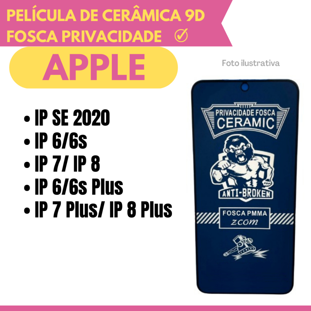Película Cerâmica Fosca de Privacidade Flexível Para Apple Iphone SE 2020/ 6/ 6s/ 7/ 8/ 6/ 6s Plus/ 7 Plus/ 8 Plus/ 9D.