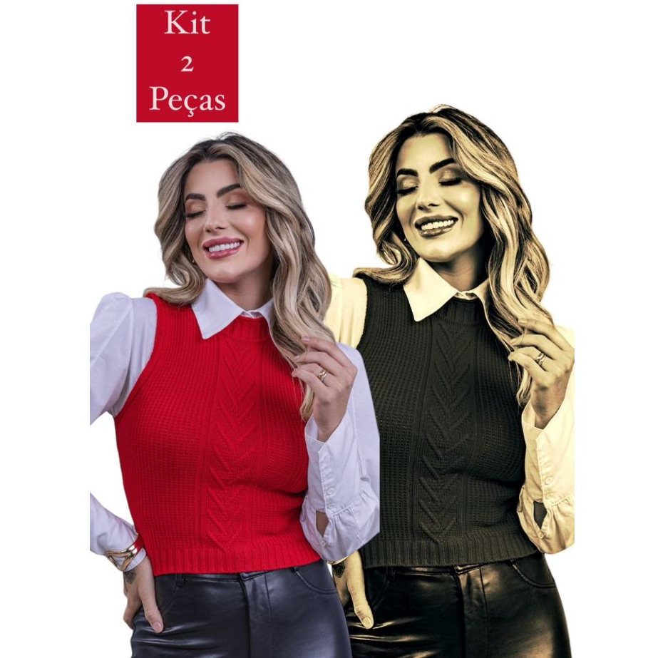 Kit com 2 Peças Colete cropped modal tricot trança feminino regata inverno verão Charmilly Tricot