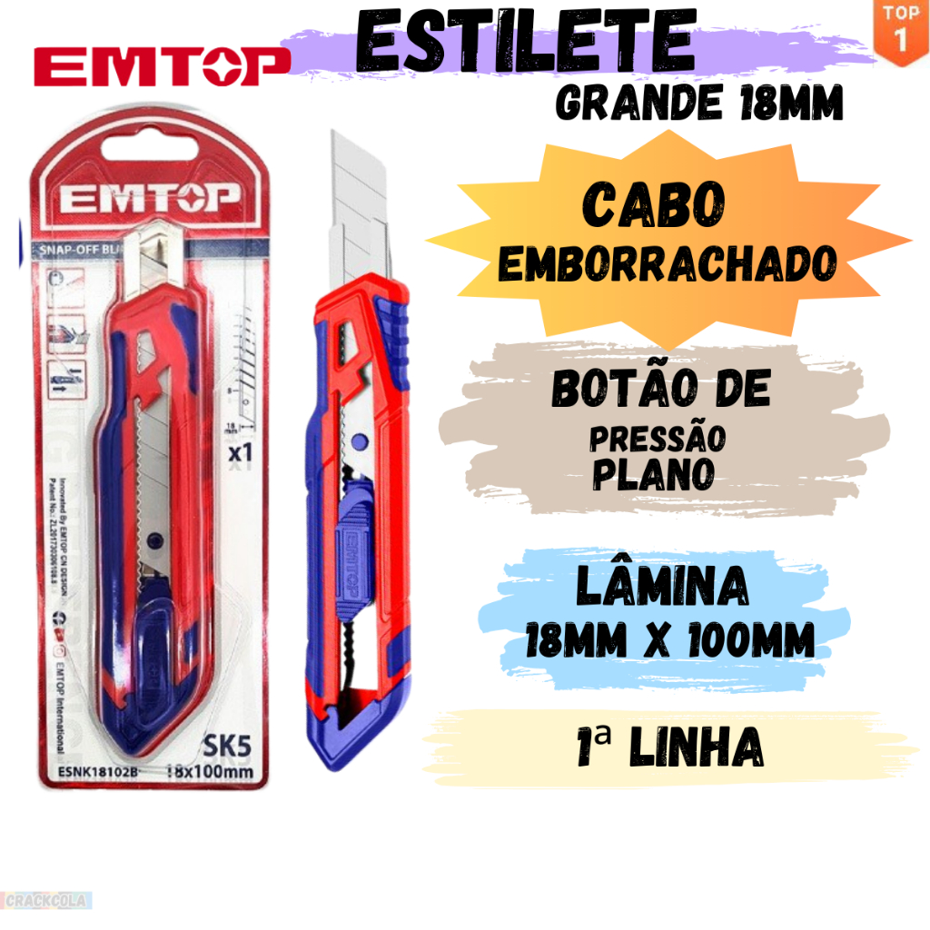 Estilete Emtop 18mm Retrátil com Cabo Emborrachado, Lâmina SK5 - Ferramenta de Corte Profissional