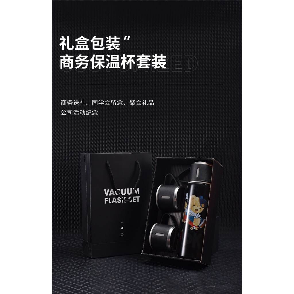 caneca Kit Garrafa Térmica Vacuum Bottle Inox 500ml + 3 Xícaras Bebidas Fria ou Quente