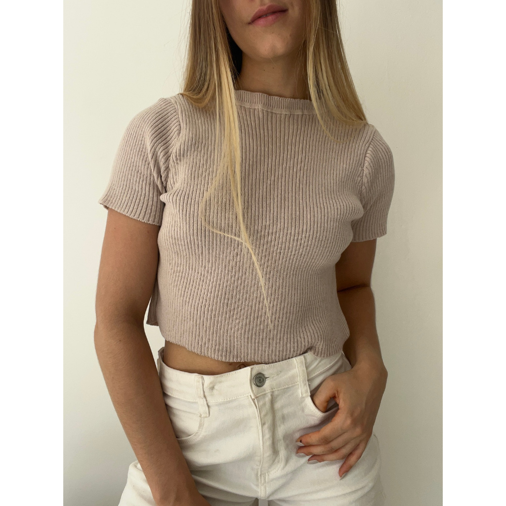 Blusa Cropped Tricot Canelado Com Manga Trico Modal Gola Redonda
