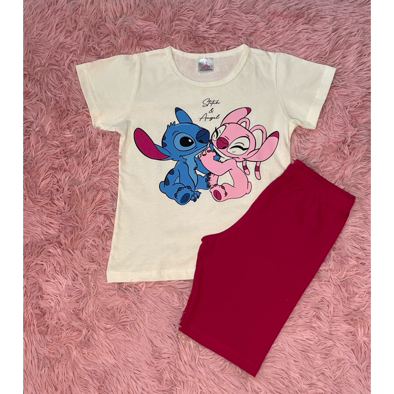 kit2 conjuntos infantil menina stitch 4 peças ;2 blusas e 2 bermudas tamanho 2ao10 roupa de menina verão algodão.Rf1002