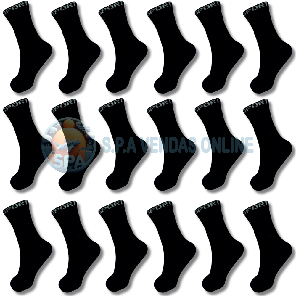 kit com até 24 pares meia SPORT PRETA 100% algodão grossa alta qualidade cano alto