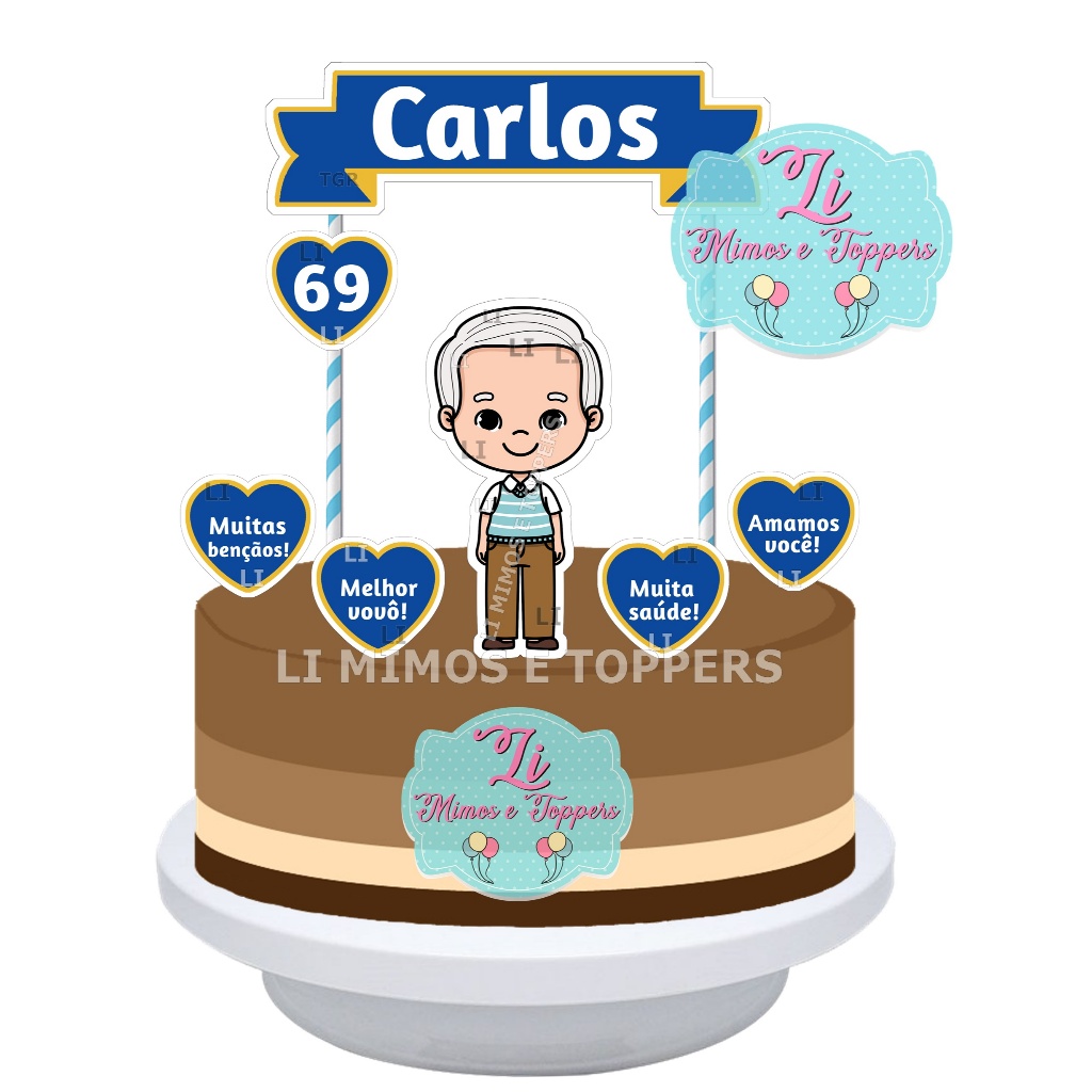 Topper Topo de Bolo Vovô Avô Personalizado modelo 1 - Melhor Vovô - Amamos você - Muitas Bençãos -  Muita saúde