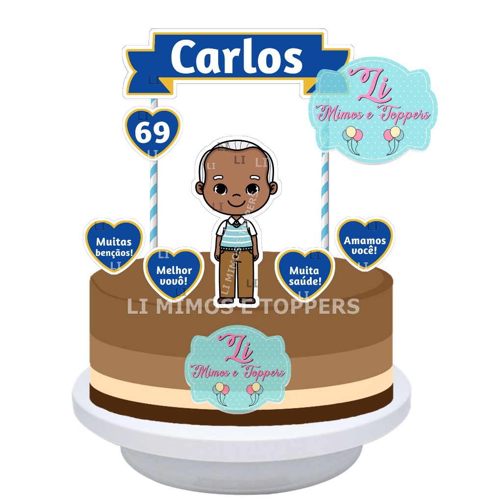 Topper Topo de Bolo Vovô Avô Moreno Negro Personalizado
