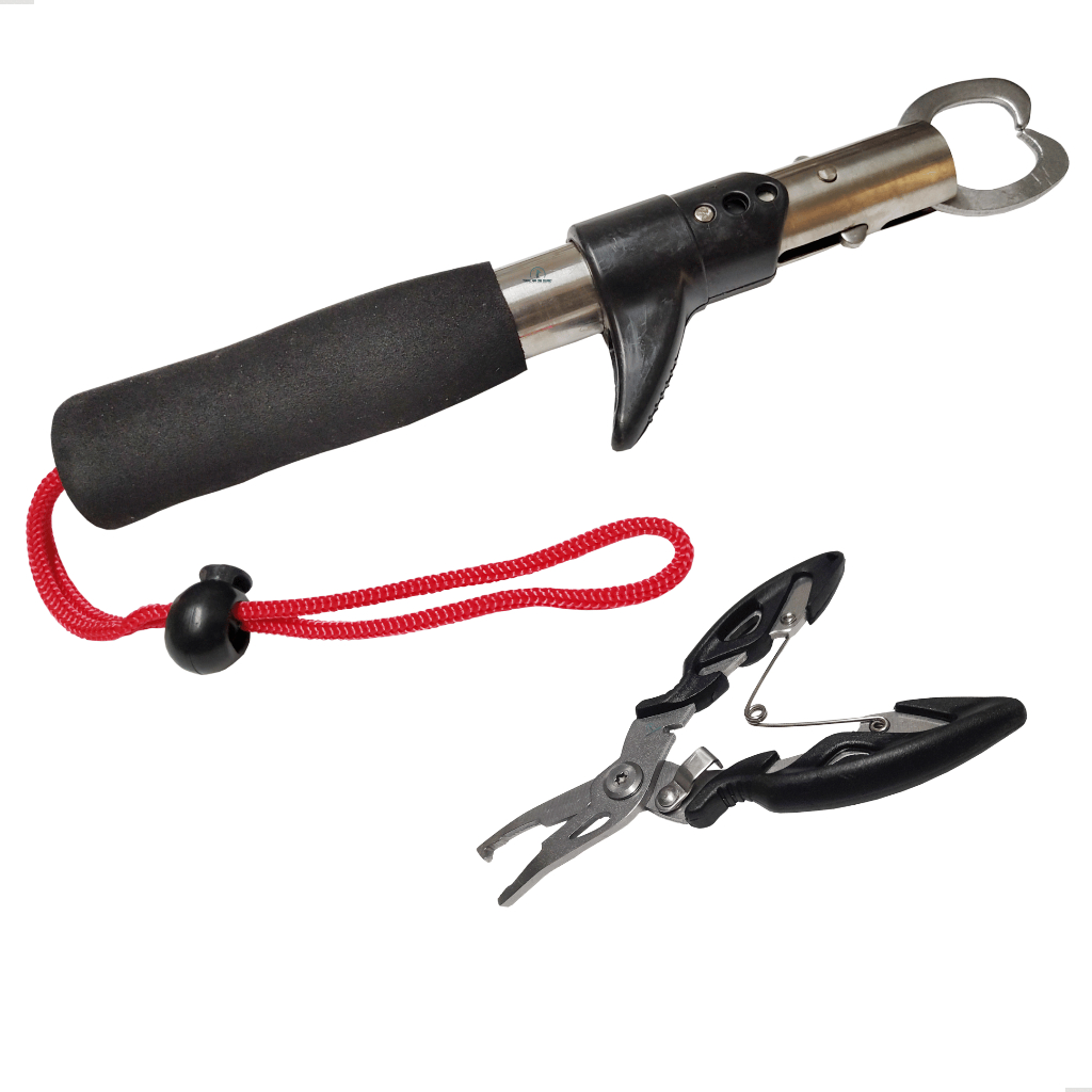 Kit Alicate De Contenção Pega Peixe + Alicate Multifuncional Split Ring Corta Linha Tira Garateia - Diversas Cores