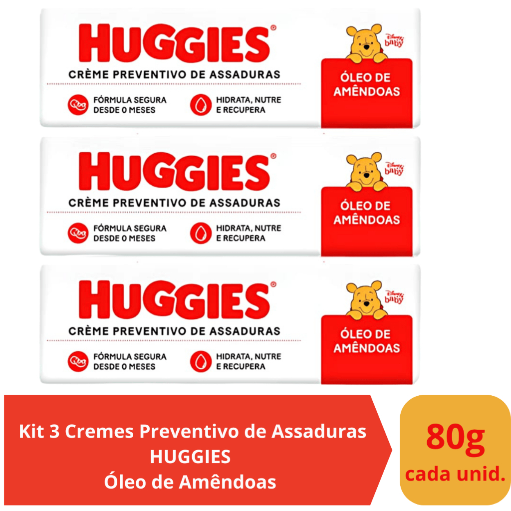 Kit 3 Cremes Preventivo de Assaduras Huggies com Óleo de Amêndoas VAL.: 10/2027 em Oferta na Shopee