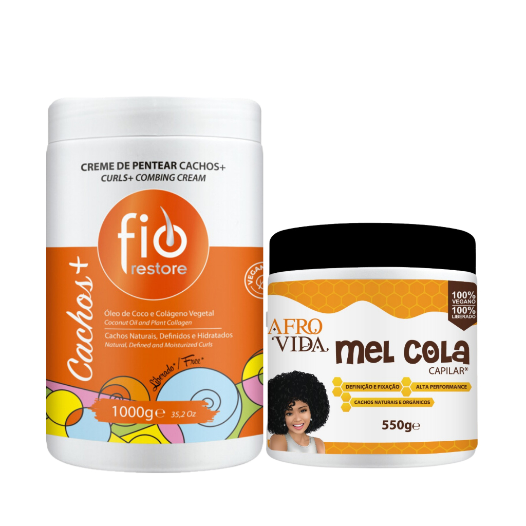 Kit Fio Restore Cachos Creme de Pentear Óleo de Coco1kg + Mel  Cola Alta Performance Afro Vida 550g em Oferta na Shopee