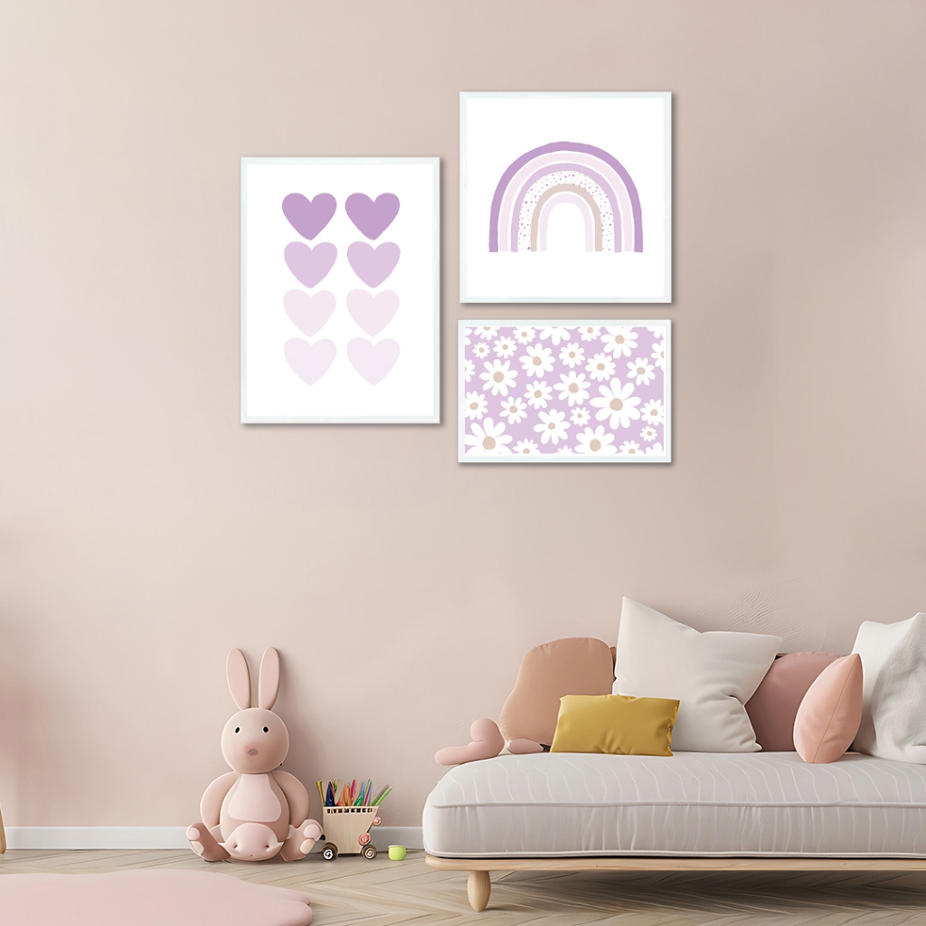 Kit Quadro Decorativo Infantil Florais Suaves:  Amor em Tons de Lilás 3 Peças com Moldura - Home & Living