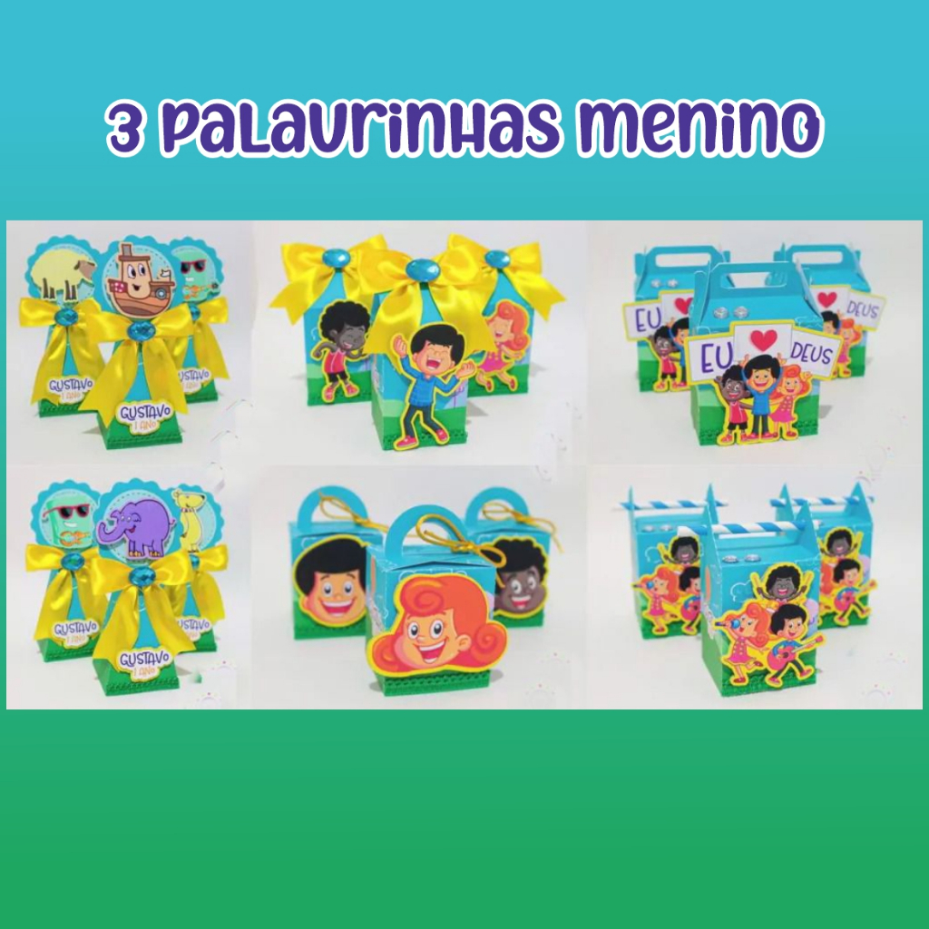 KIT PEGUE E MONTE 3D- Festa Lembrancinhas Caixinhas Personalizados 3 Palavrinhas menino