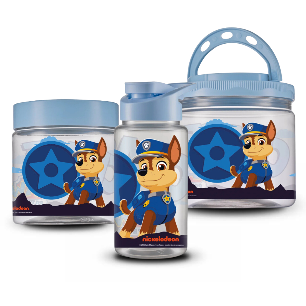 Kit 3 Peças Para Lancheira Patrulha Canina Pote e Lancheira Azul Chase Para Menino Escolar