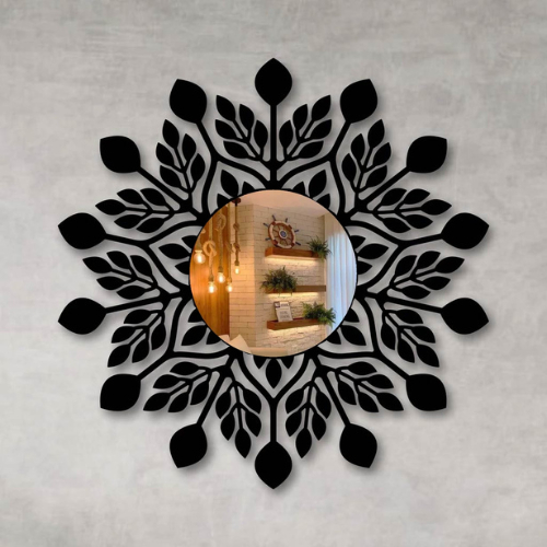 Espelho Decorativo Vazado Mandala MDF Escultura de Parede MDF Preto