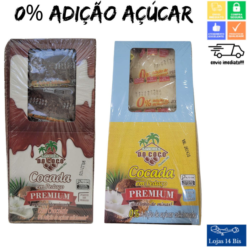 30 Cocada Artesanal Premium Branca e com Chocolate 0% de Adição de Açúcar 15x40g