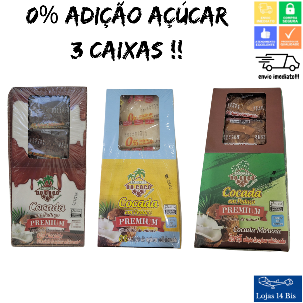 45 Cocada Artesanal Premium Branca - Morena e com Chocolate 0% de Adição de Açúcar 15x40g