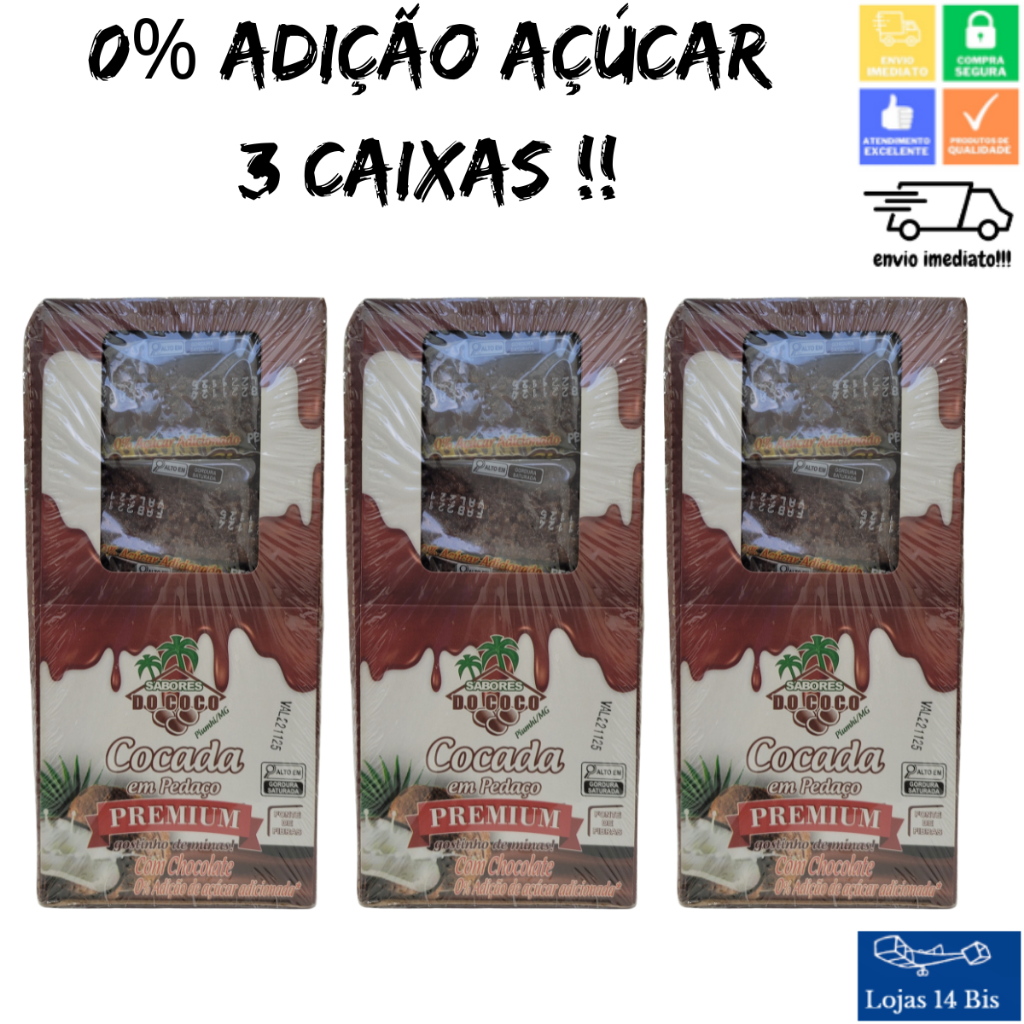 45 Cocada Artesanal Premium Com Chocolate 0% de Adição de Açúcar 15x40g