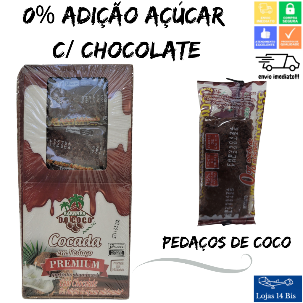 Cocada Artesanal Premium Com Chocolate 0% de Adição de Açúcar 15x40g
