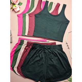 KIT5 Conjuntos Cropped Top alça gross+Short Curto Malha Canelada