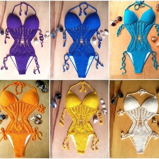 Maiô Body de Crochê Crochet com Bojo Várias Cores Moda Praia Casual Verão Mulher Biquini Tricot