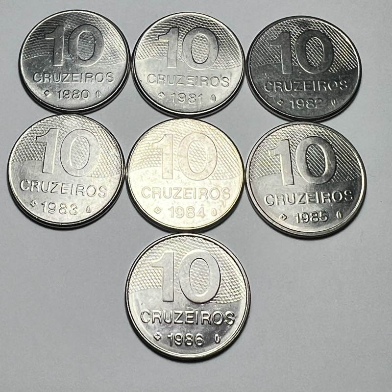 Lote com 7 Moedas 10 Cruzeiros 1980 a 1986 Serie Completa Mapa Integração Rodoviária Brasil