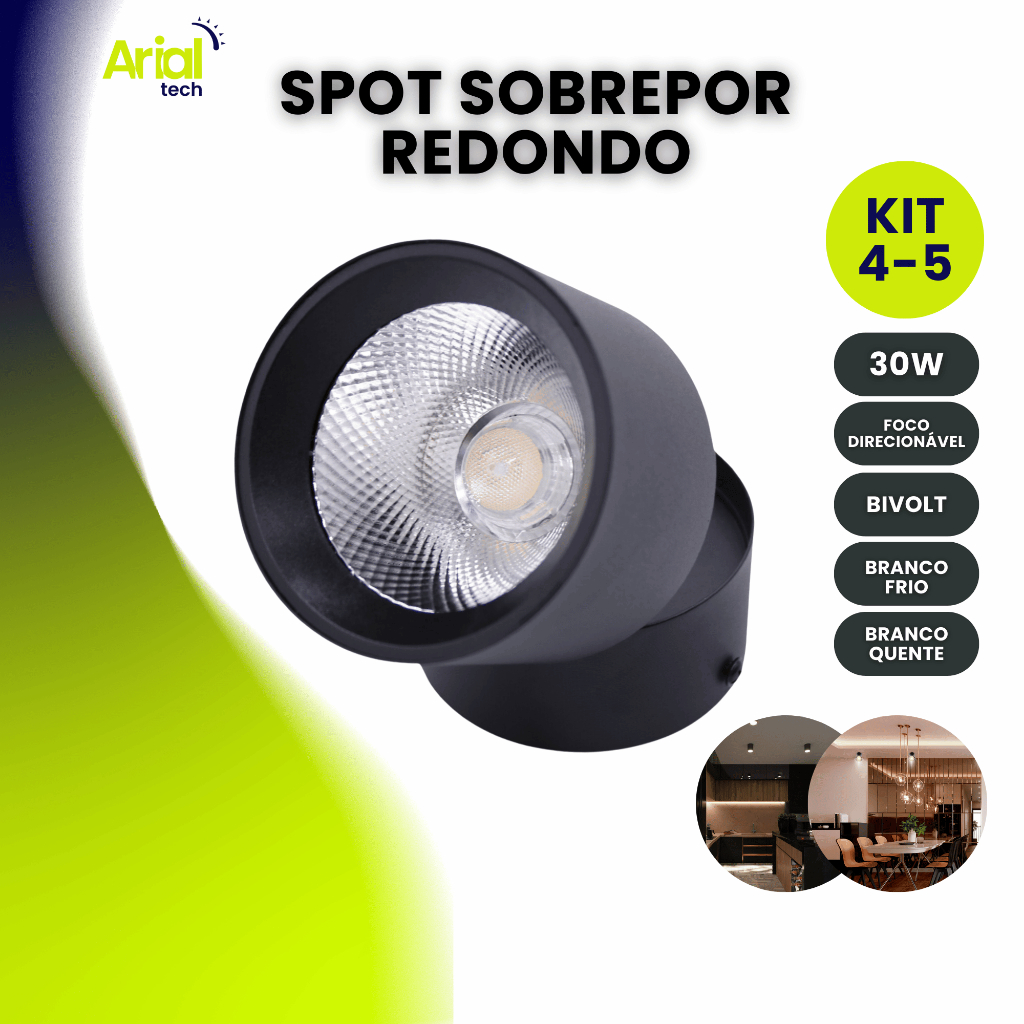Kit 4 ou 5 Spot Led Sobrepor Redondo Preto Luz Direcionável Bivolt 30w Luz Frio ou Quente