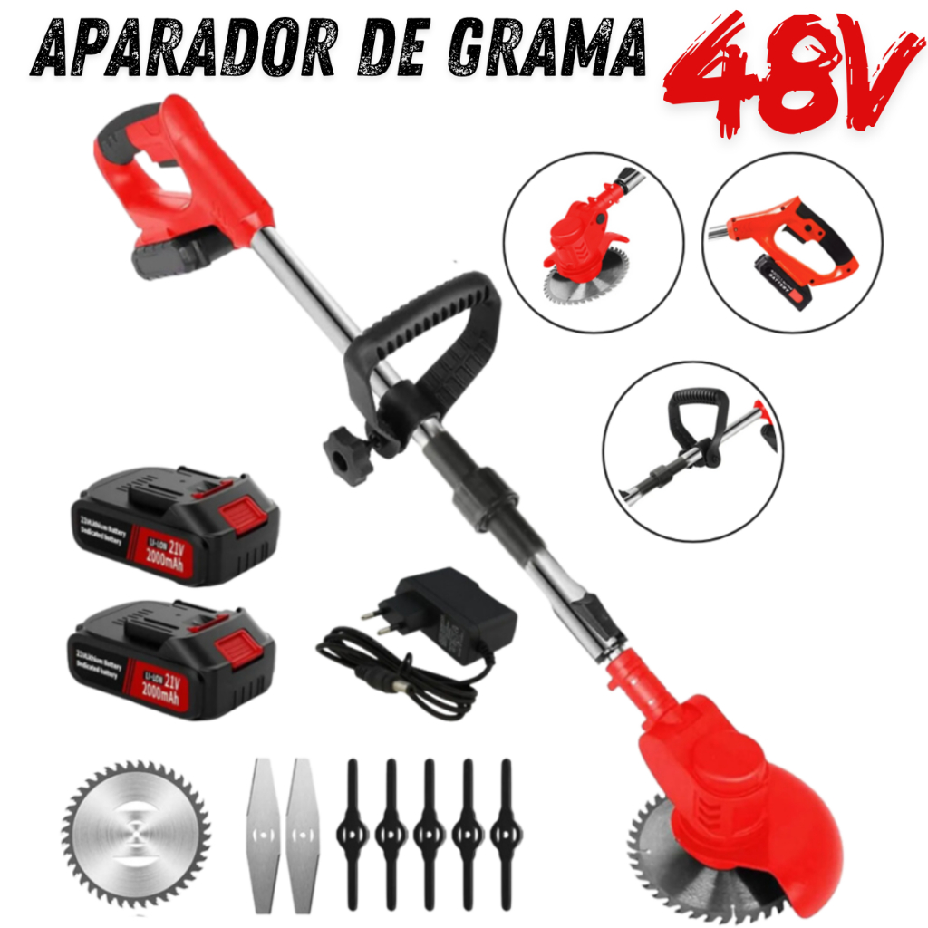 Roçadeira Aparador de Grama 3 em 1 + 02 Bateria 48V + Acessórios Potente Nakasaki