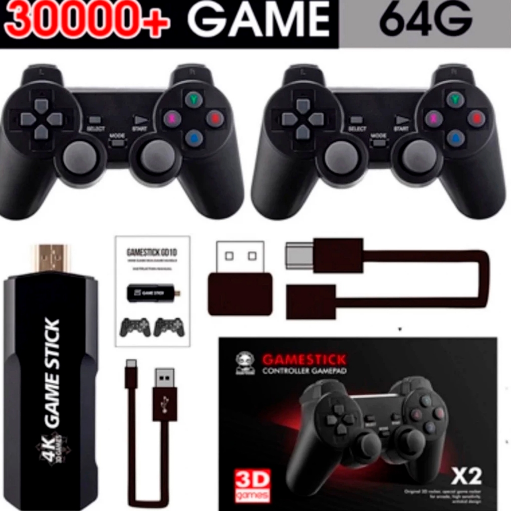 Videogame Stick 4K 64gb 2 Controles Sem Fio Console Portatil Jogos Retro Antigo