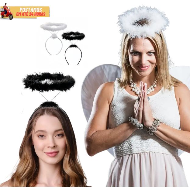 Tiara Arquinho de Anjo Preto ou Branco Fantasia Carnaval Halloween Festas e Eventos