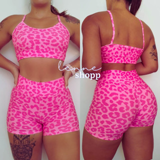 Conjunto Academia Fitness Short e Top Cintura Alta Estampas Variadas Moda Fitness
