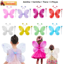 Kit 3 Peças Asa de Borboleta - Asa + Tiara + Varinha Fantasia Carnaval Halloween Cosplay Decoração