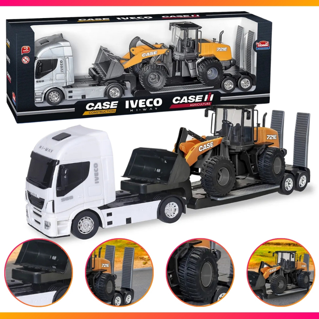 Brinquedo Caminhão Iveco Hi-Way Plataforma c/ Carregadeira Case 721e