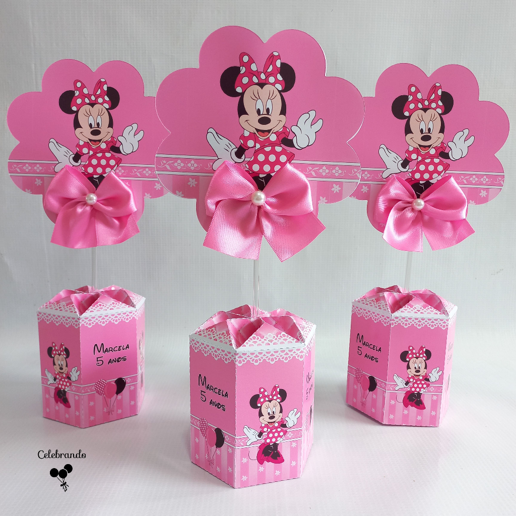Centro de mesa Personalizados Minnie Rosa Enfeite de Mesa Aniversário Cachepo PEGUE E MONTE