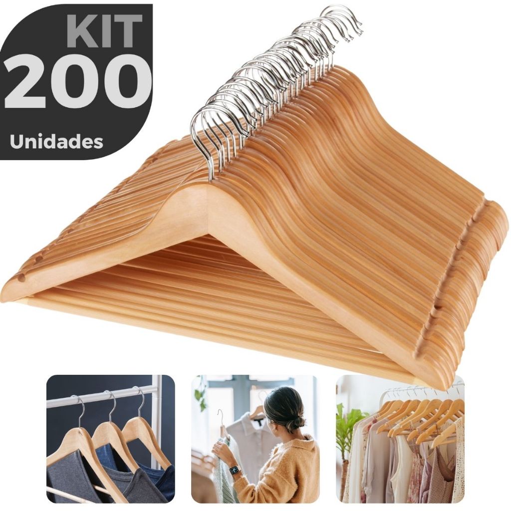 Kit 200 Cabides de Madeira Marfim AAA Premium com Gancho Cromado – Alta Qualidade e Elegância