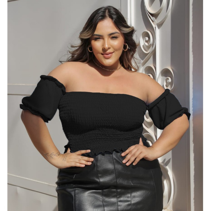 Blusa Feminina Plus Size Cropped Tomara Que Caia Bata Ajustável Soltinha Elástico Verão Fresquinha