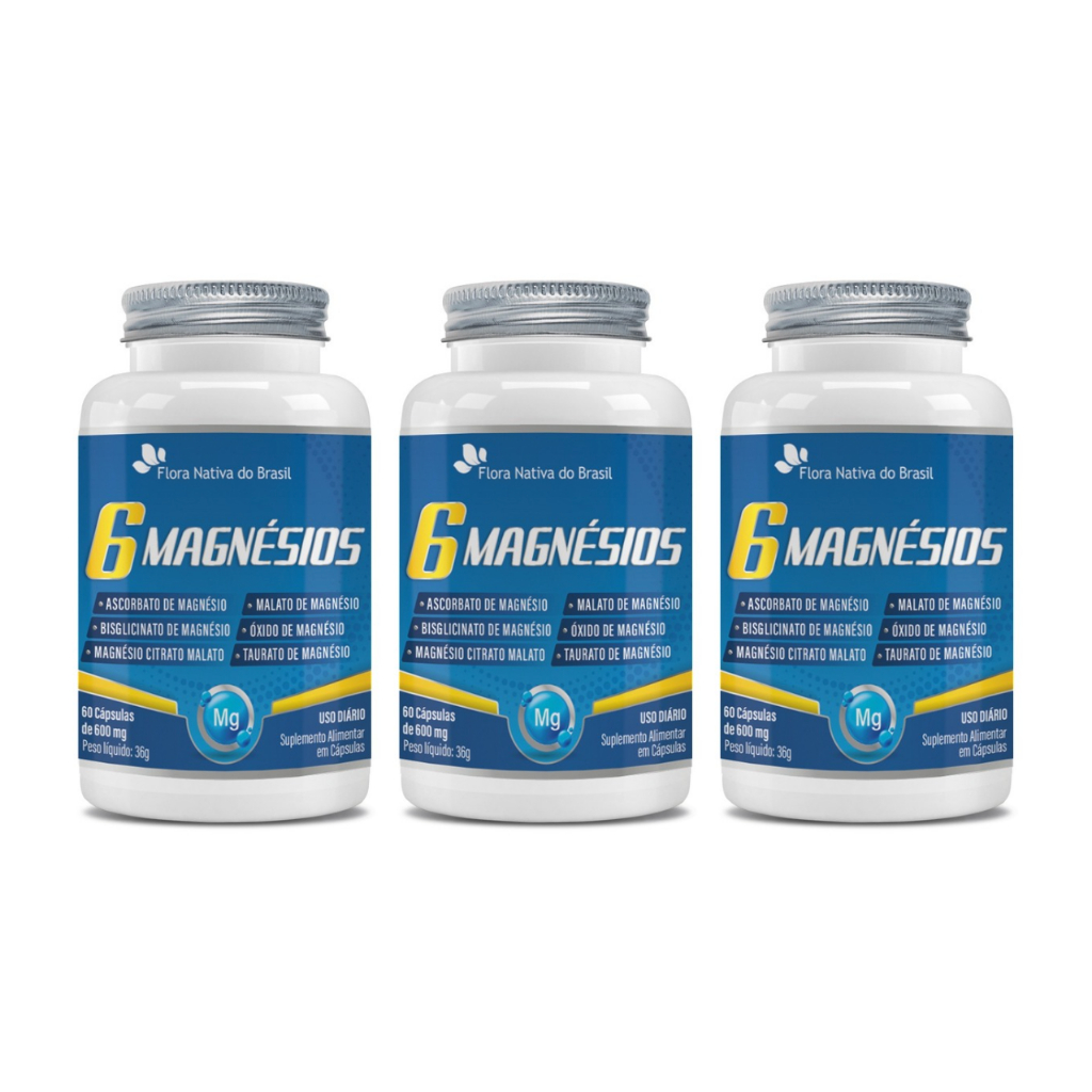 Kit 3x 6 Magnésios - Ascorbato, Bisglicinato, Citrato, Malato, Óxido e Taurato 60 Caps - Flora Nativa