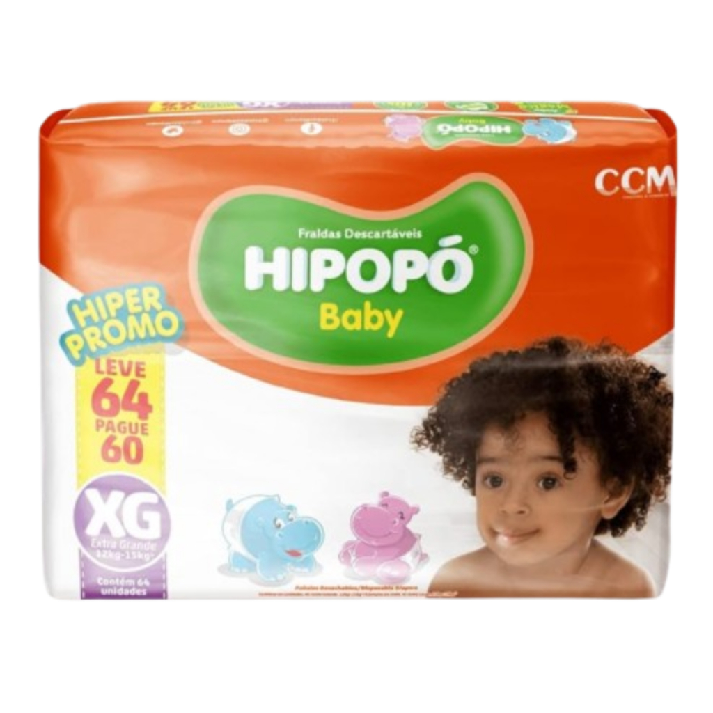 Fralda Descartável Infantil Hipopó Baby Hiper Tamanho XG - 64 Unidades em Oferta na Shopee