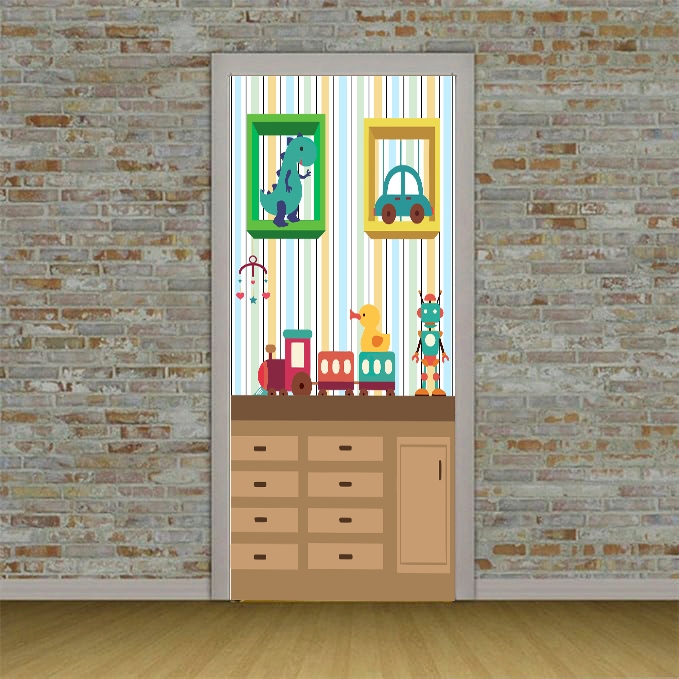 Capa de Porta Decorativa Sublimada com Elástico Veste Fácil 0,85x2,10 Temática Fabrica de Brinquedos