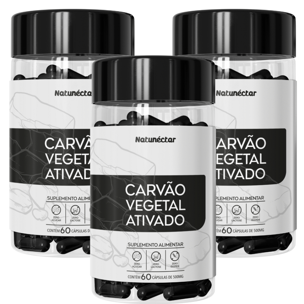 KIT 3 Carvão Vegetal Ativado 500mg 60 Cápsulas
